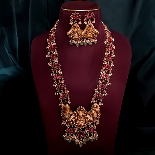 Nistha Lotus Lakshmi Long Necklace Set - Pink & Green