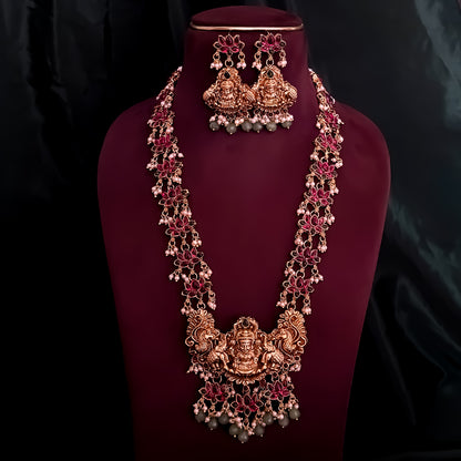 Nistha Lotus Lakshmi Long Necklace Set - Pink & Green