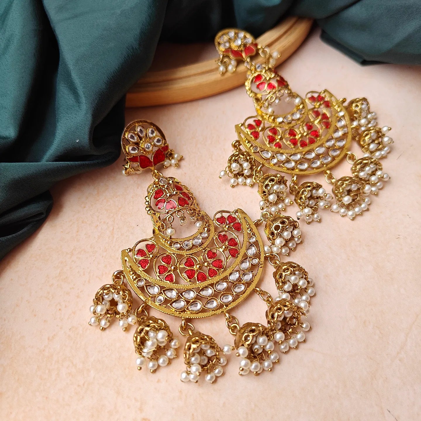 Vritika Chandbali Jhumka Earrings - Red