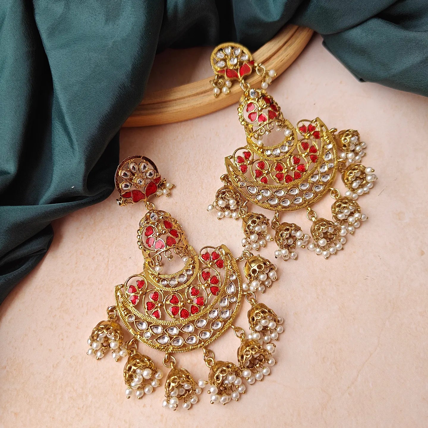 Vritika Chandbali Jhumka Earrings - Red