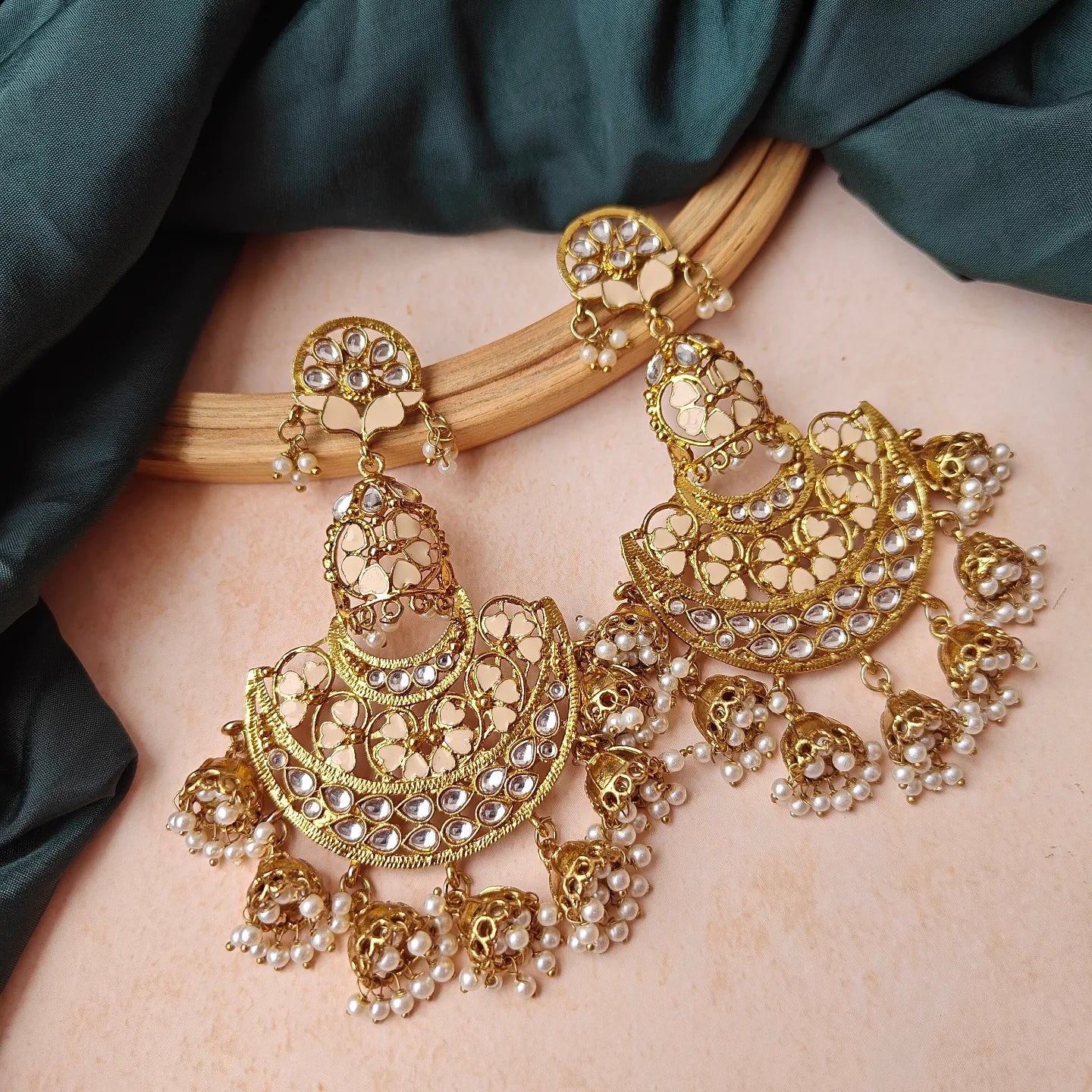 Vritika Chandbali Jhumka Earrings - Golden