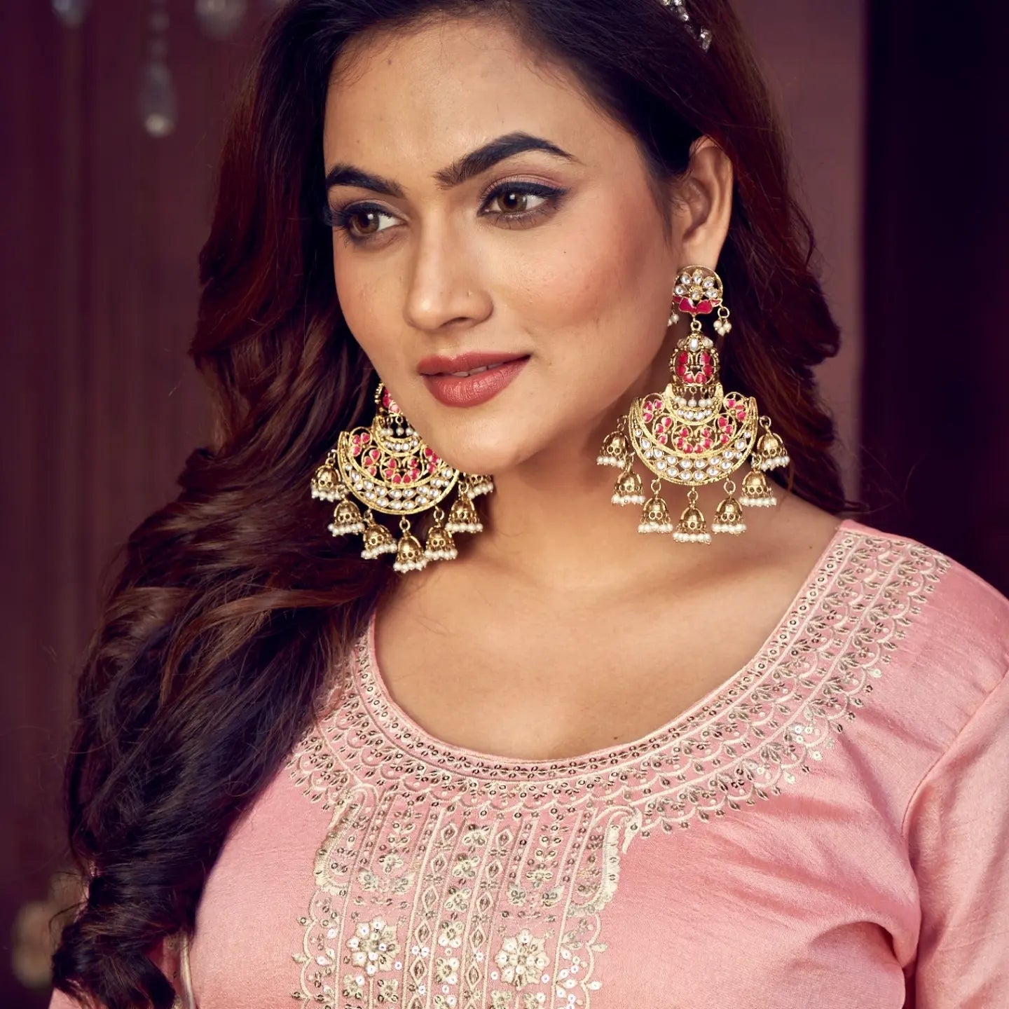 Vritika Chandbali Jhumka Earrings - Pink