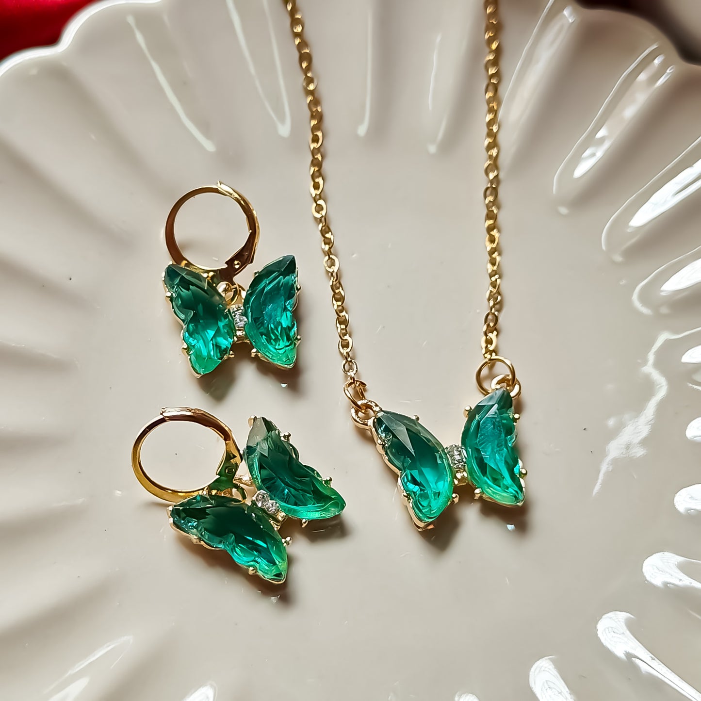 Butterfly Pendant Earrings Combo Set - Aqua Green