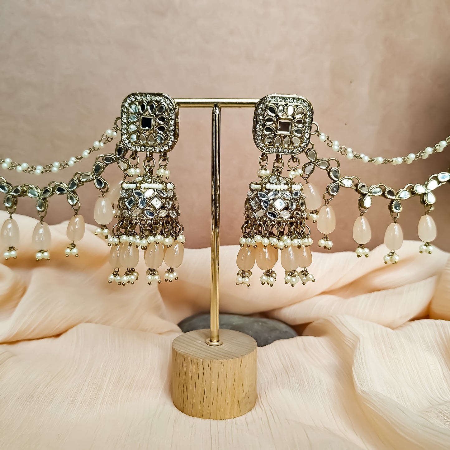 Mohika Mirror Jhumka Earrings with Sahara & Tika Set - Peach