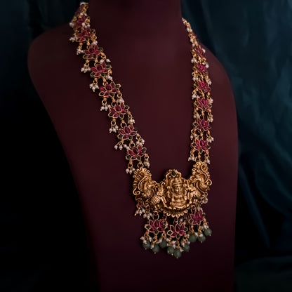 Nistha Lotus Lakshmi Long Necklace Set - Pink & Green