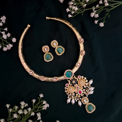 Parnika Golden Premium Brass Hasli Necklace Set