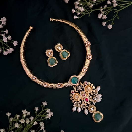 Parnika Golden Premium Brass Hasli Necklace Set