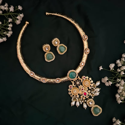 Parnika Golden Premium Brass Hasli Necklace Set
