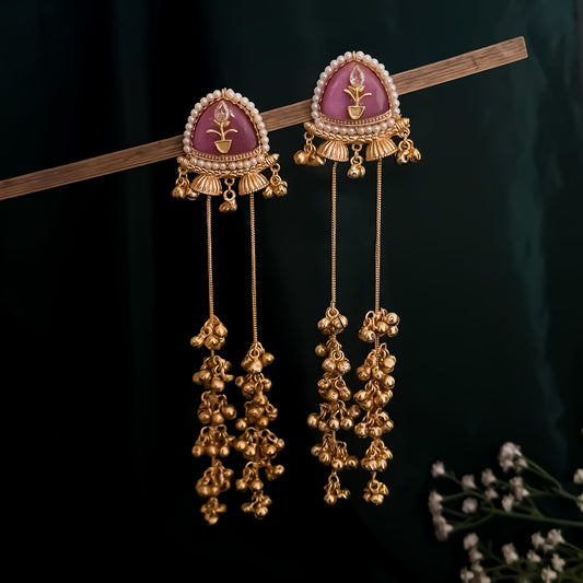 Vishakha MOP Kashmiri Brass Dejhoor Ghungroo Jhumka Earrings - Pastel Pink