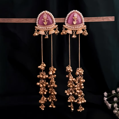 Vishakha MOP Kashmiri Brass Dejhoor Ghungroo Jhumka Earrings - Pastel Pink