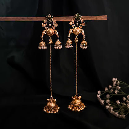 Kiran Premium Kashmiri Brass Dejhoor Ghungroo Jhumka Earrings - Golden & Green