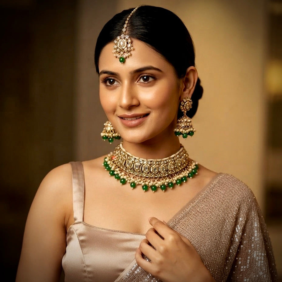 Debina Kundan Pearl Necklace Set - Green