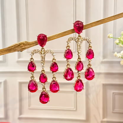 Sharon Chandelier Dangler Chandbali Earrings - Hot Pink