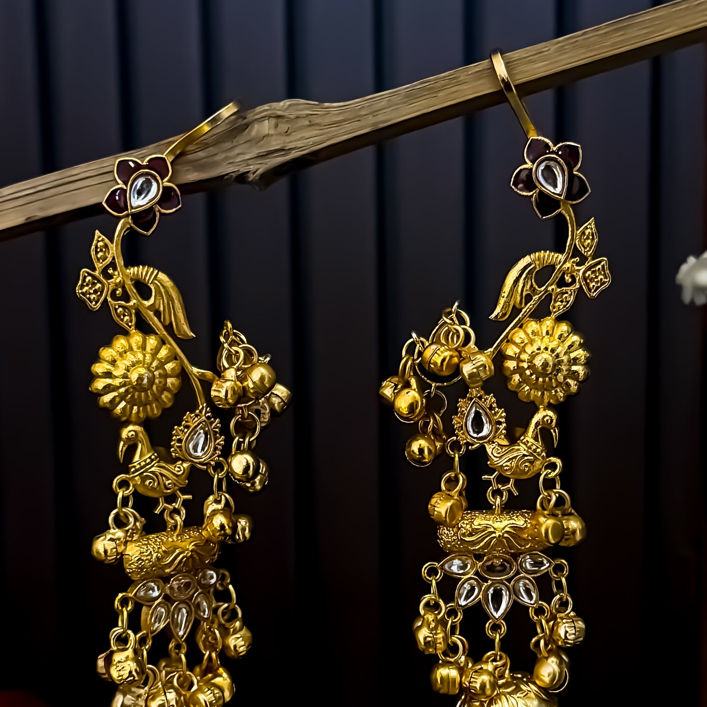 Neelkanchi Peacock Premium Kashmiri Brass Dejhoor Jhumka with Earcuff Earrings - Golden