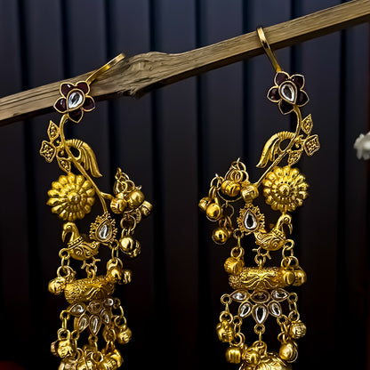 Neelkanchi Peacock Premium Kashmiri Brass Dejhoor Jhumka with Earcuff Earrings - Golden