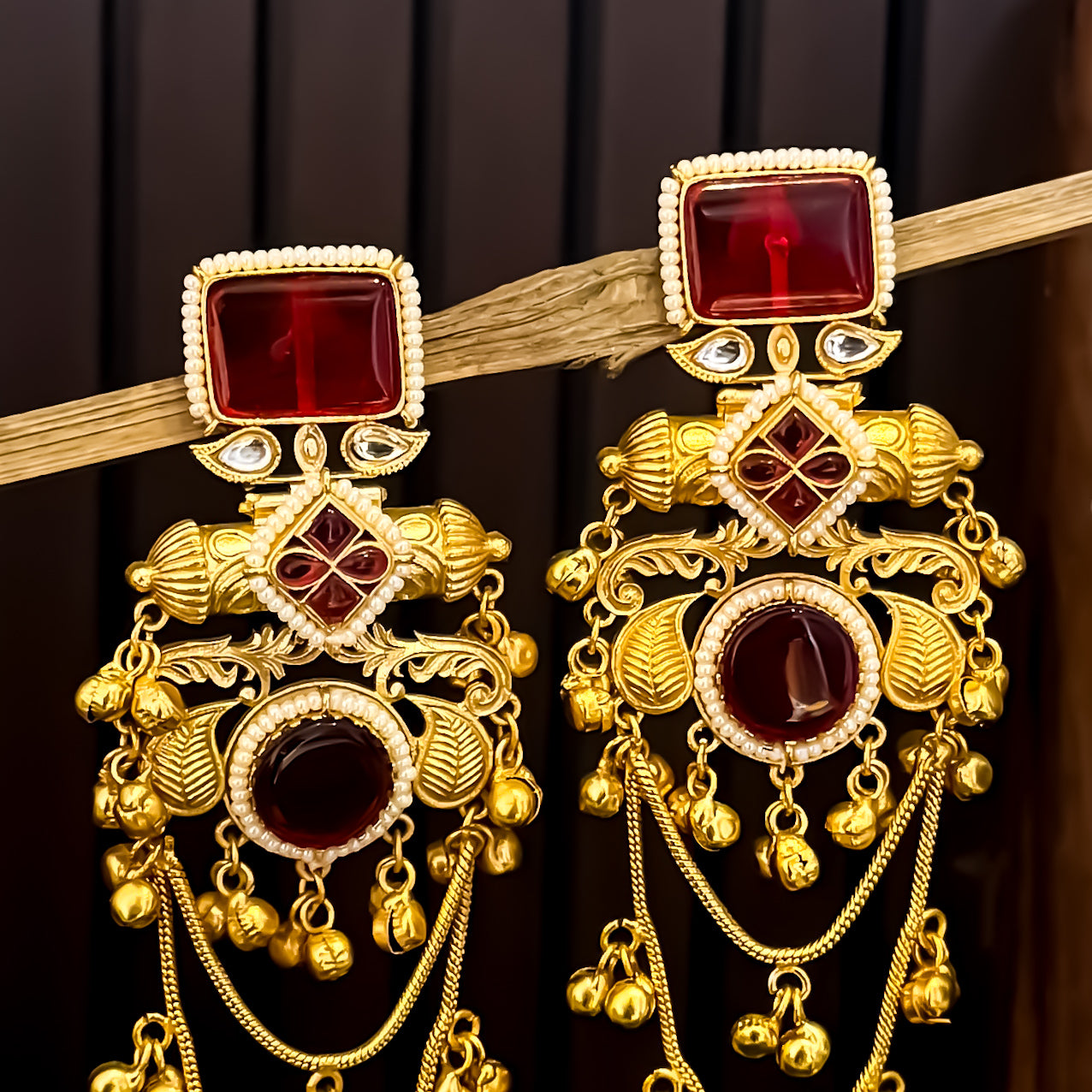 Patralekha Kashmiri Brass Dejhoor Ghungroo Jhumka Earrings - Maroon