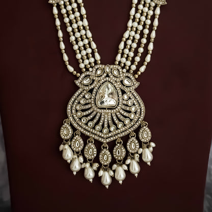 Mehrunisa Pearl Kundan Rani Haar Long Necklace Set- Golden