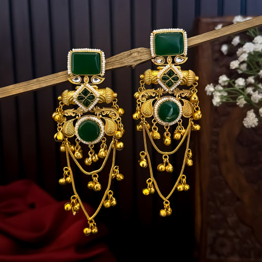 Patralekha Kashmiri Brass Dejhoor Ghungroo Jhumka Earrings - Green