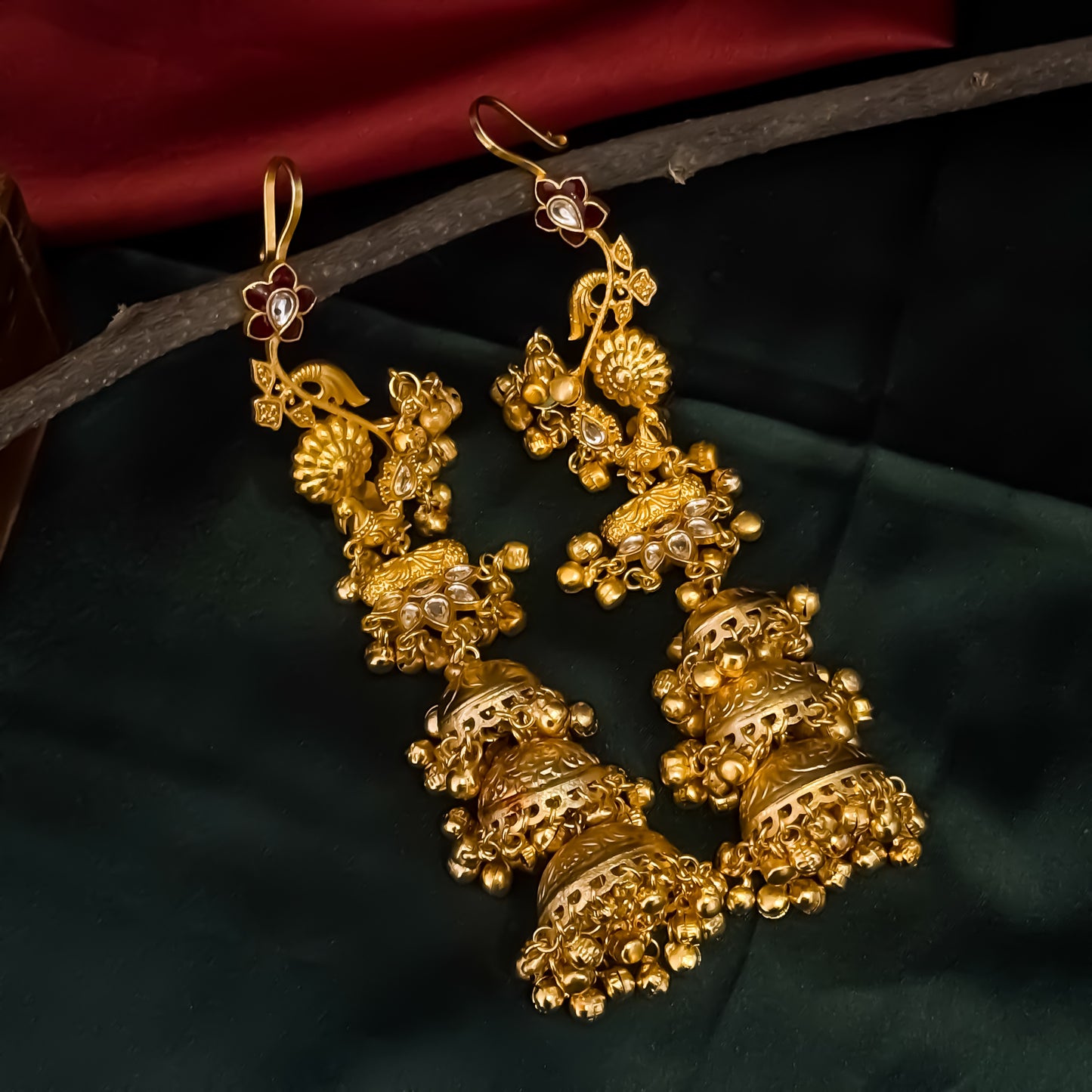 Neelkanchi Peacock Premium Kashmiri Brass Dejhoor Jhumka with Earcuff Earrings - Golden