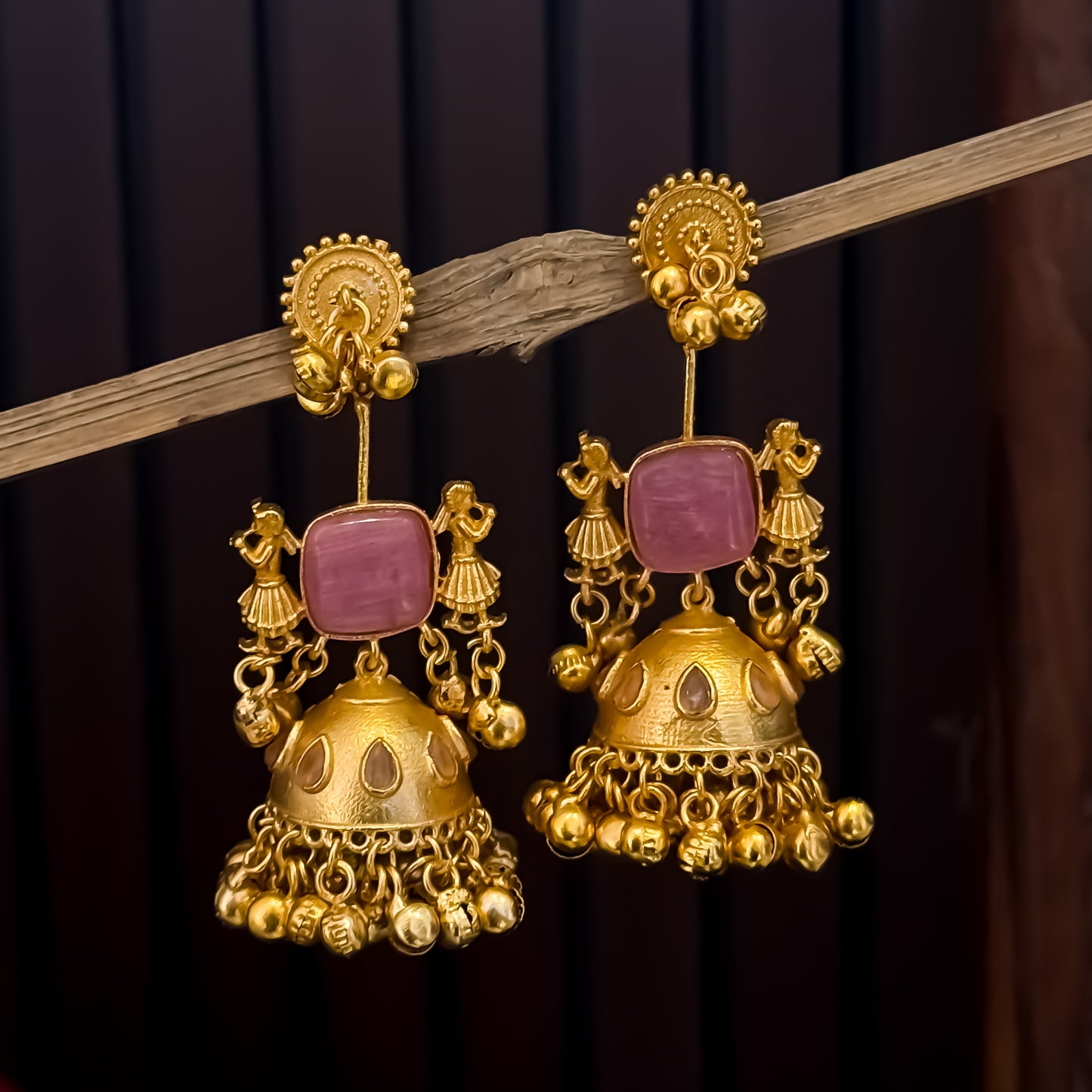 Baraat Premium Kashmiri Brass Dejhoor Earrings - Pastel Pink