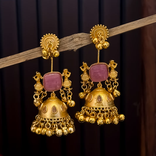 Baraat Premium Kashmiri Brass Dejhoor Earrings - Pastel Pink