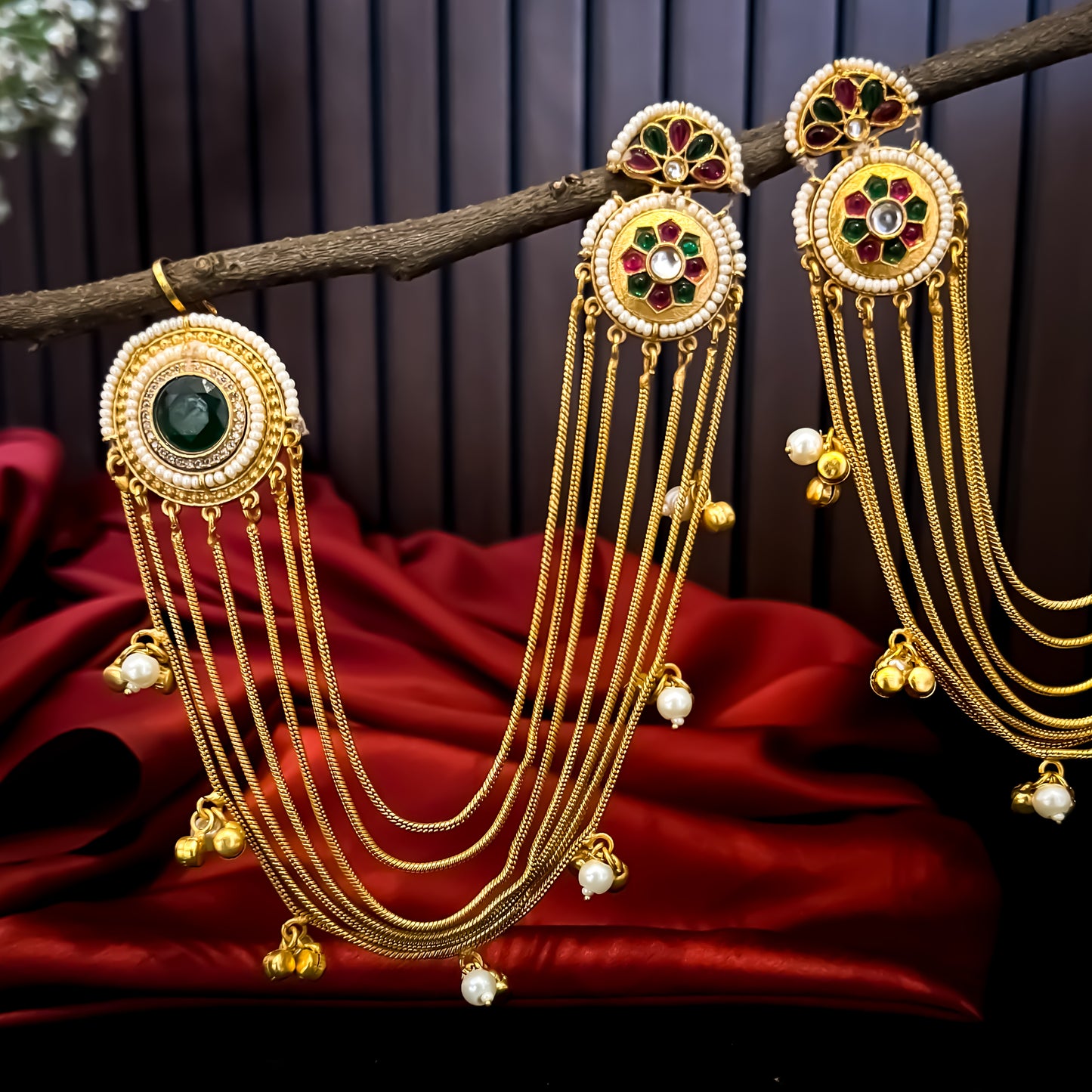 Aarunika Premium Kashmiri Brass Dejhoor Earrings with Sahara/Earchains - Green