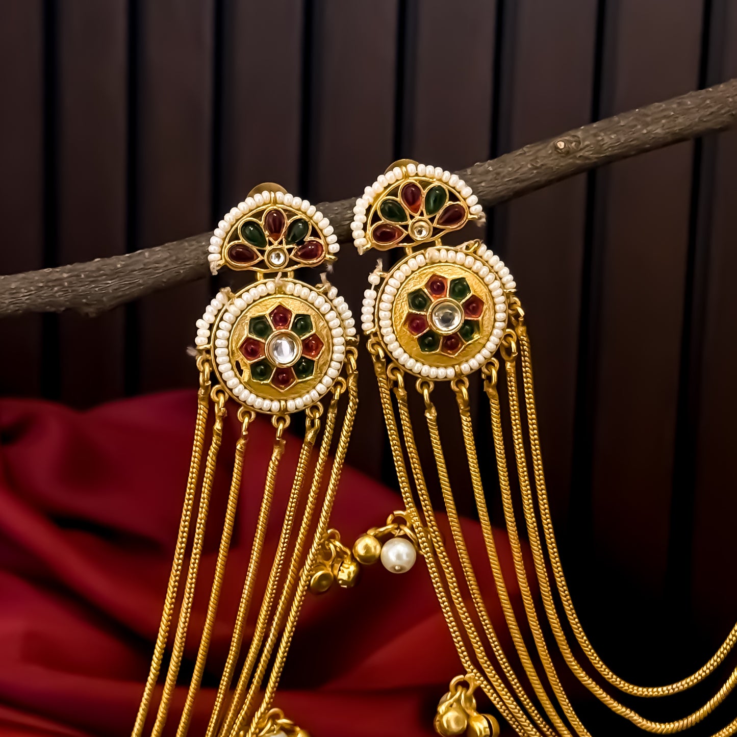 Aarunika Premium Kashmiri Brass Dejhoor Earrings with Sahara/Earchains - Rubi