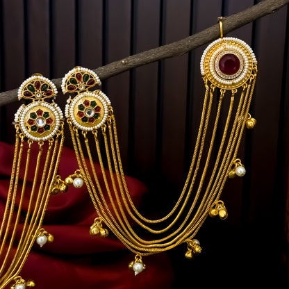 Aarunika Premium Kashmiri Brass Dejhoor Earrings with Sahara/Earchains - Rubi