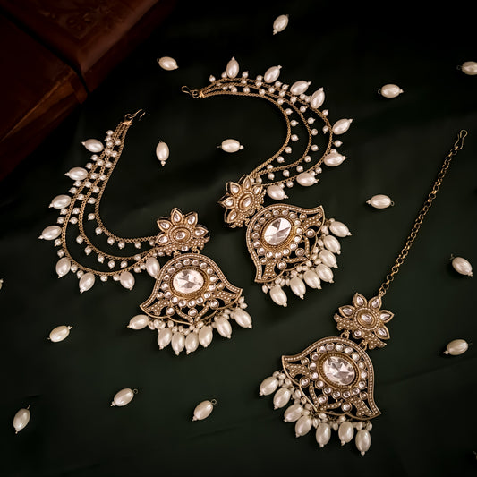 Harshita Pearl Kundan Chandbali Earrings with Detachable Sahara/Earchains and Teeka Set - Golden