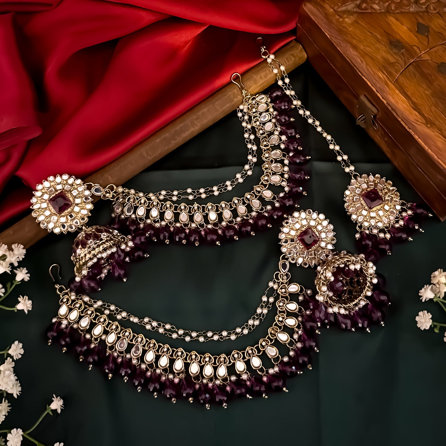 Masaba Mirror Jhumka Earrings with Sahara & Tika Set - Wine