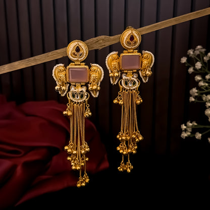 Jagreeti Kashmiri Brass Dejhoor Ghungroo Earrings - Pastel Pink