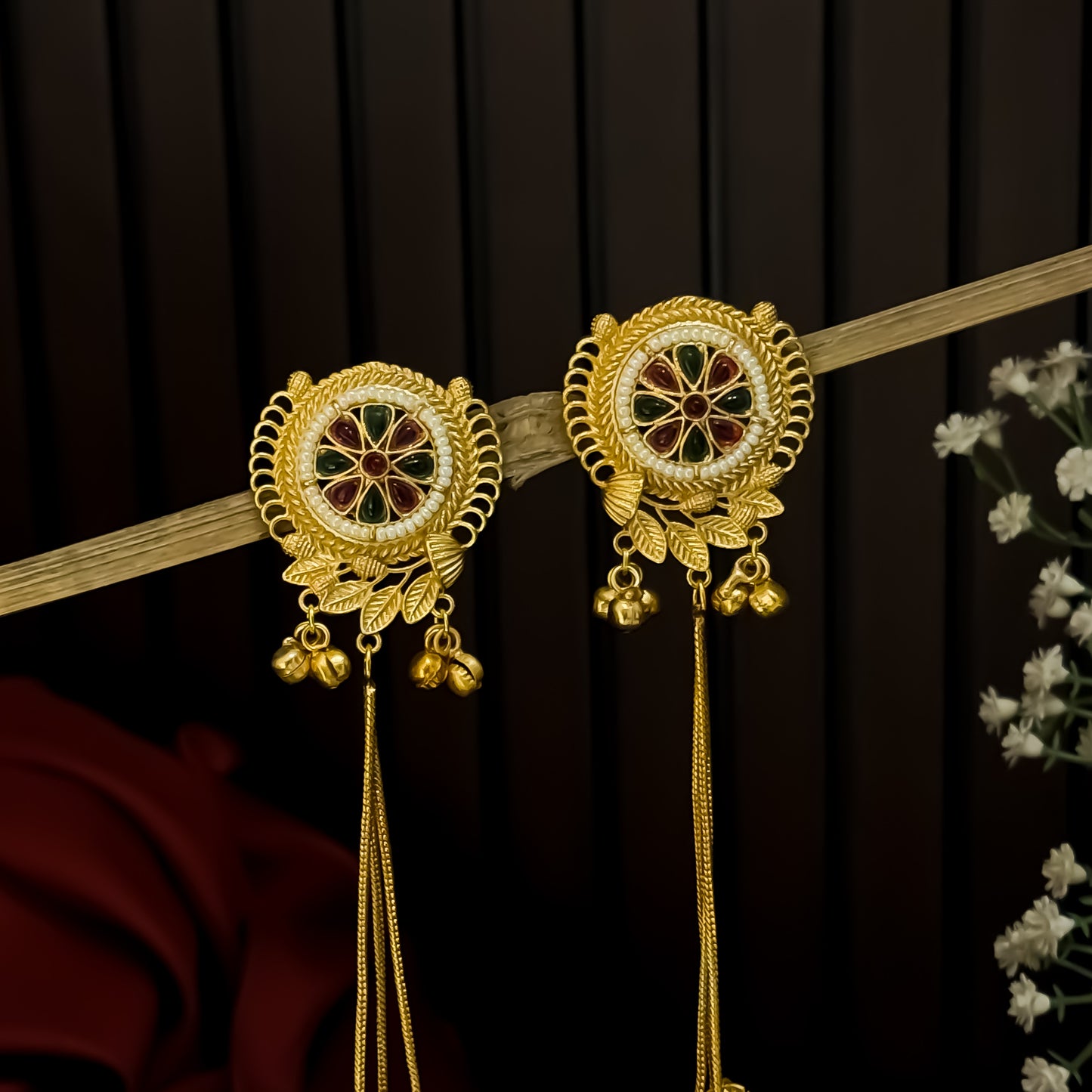 Unnati premium kashmiri brass dejhoor jhumka earrings featuring green enamel floral studs with white micro seed pearl borders and long cascading gold ghungroo chains