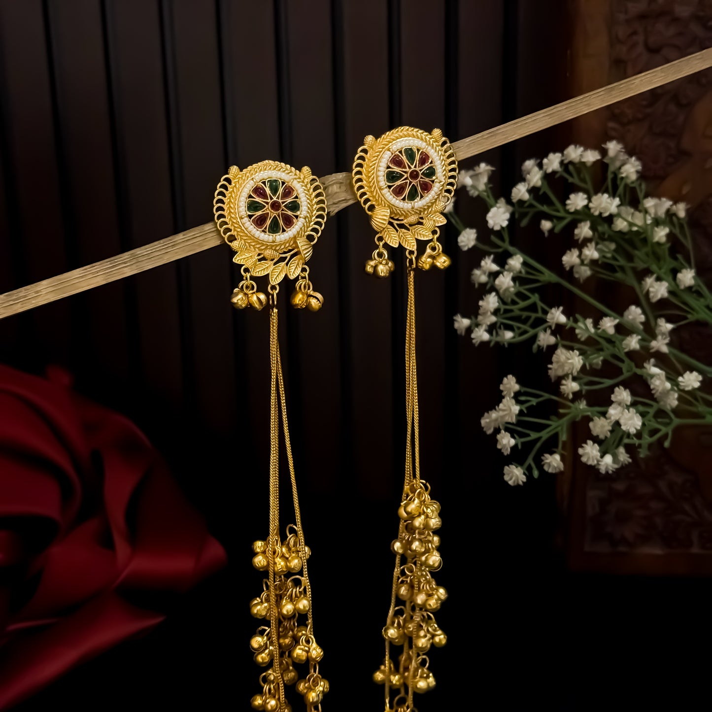 Unnati premium kashmiri brass dejhoor jhumka earrings featuring green enamel floral studs with white micro seed pearl borders and long cascading gold ghungroo chains