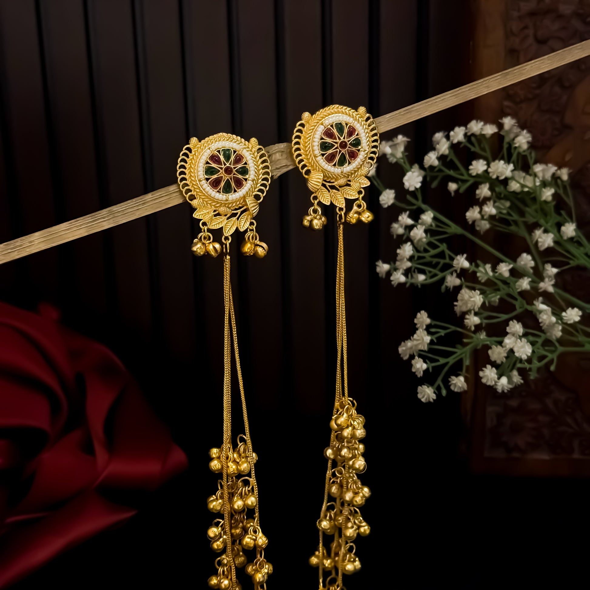 Unnati premium kashmiri brass dejhoor jhumka earrings featuring green enamel floral studs with white micro seed pearl borders and long cascading gold ghungroo chains