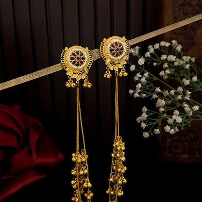 Unnati premium kashmiri brass dejhoor jhumka earrings featuring green enamel floral studs with white micro seed pearl borders and long cascading gold ghungroo chains