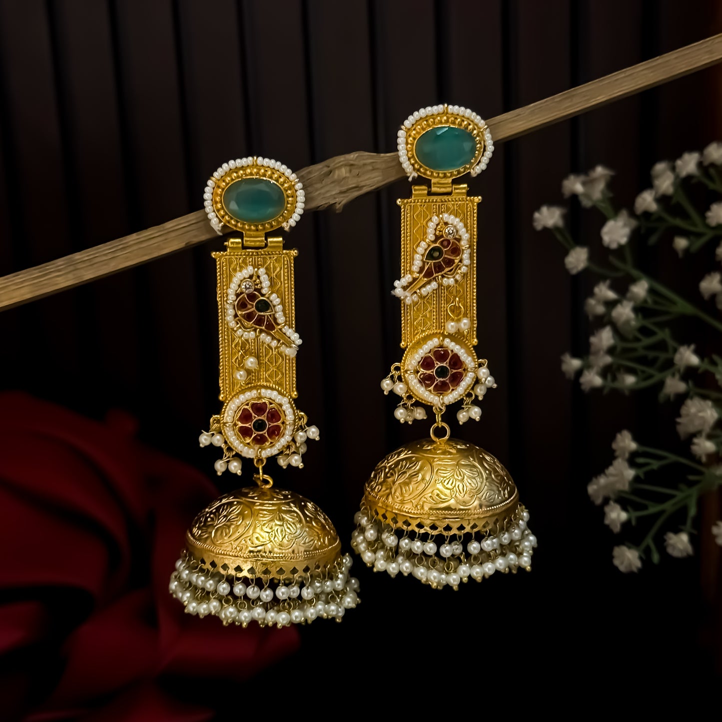 Samaira Kashmiri Brass Jhumka Earrings - Pastel Green