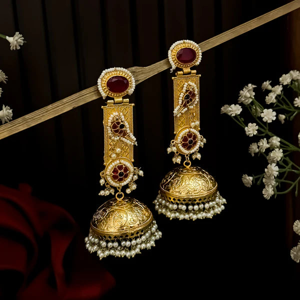 Samaira Kashmiri Brass Jhumka Earrings - Maroon