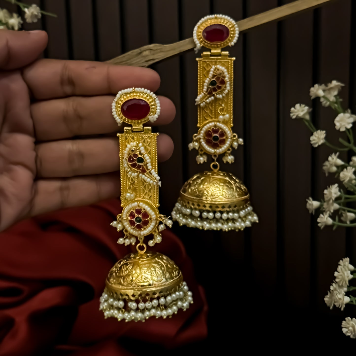 Samaira Kashmiri Brass Jhumka Earrings - Maroon