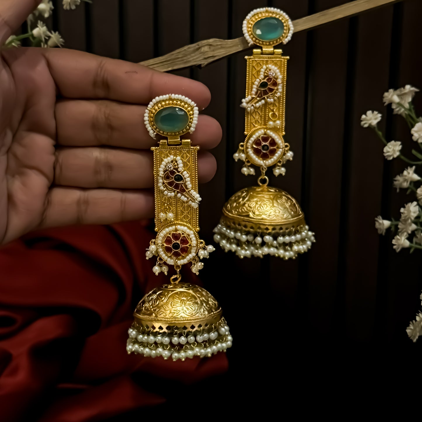 Samaira Kashmiri Brass Jhumka Earrings - Pastel Green