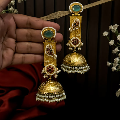Samaira Kashmiri Brass Jhumka Earrings - Pastel Green