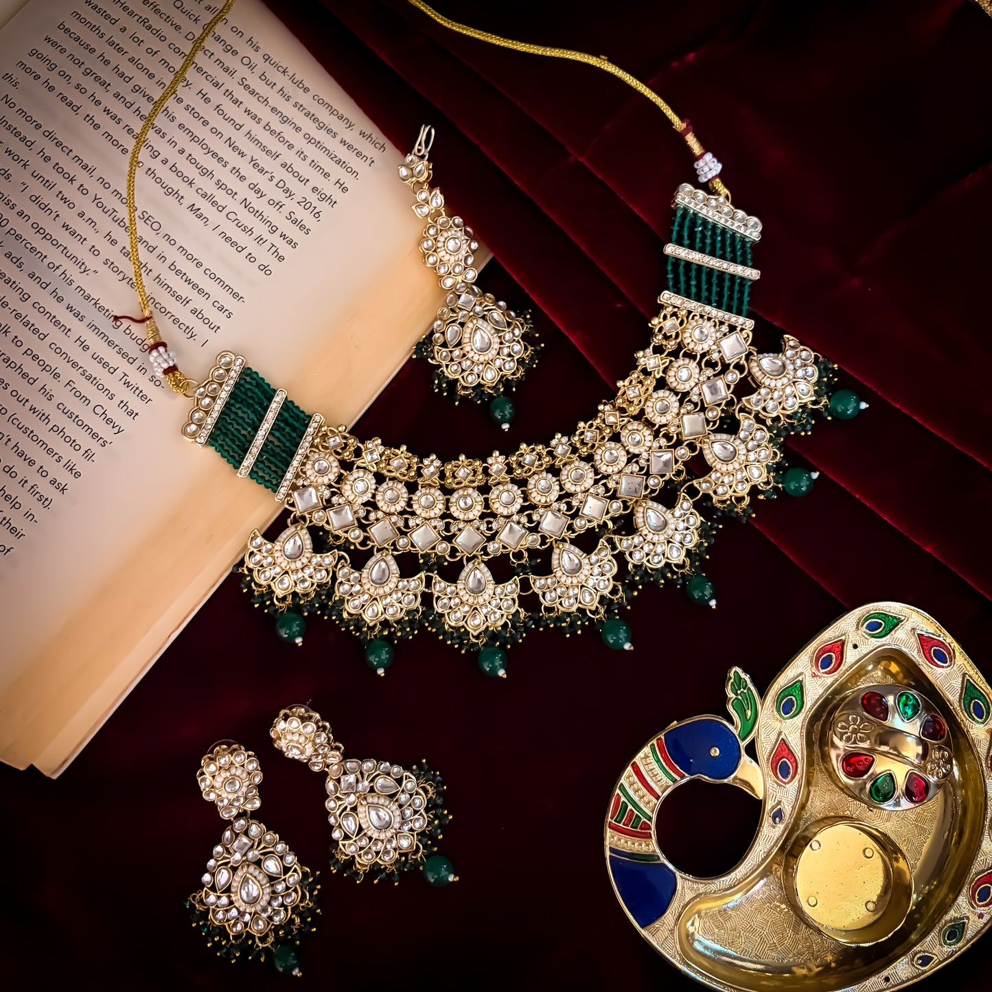 Maisha Premium Kundan Choker Necklace Set - Green