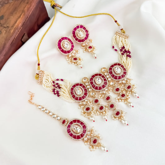 Vartika Kundan Pearl Choker Necklace Set - Pink