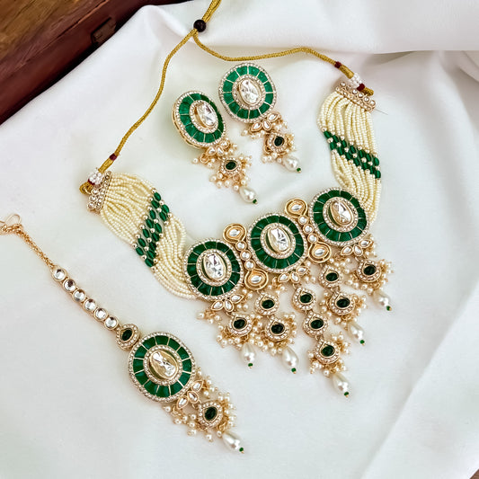 Vartika Kundan Pearl Choker Necklace Set - Green