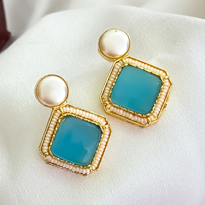 Viren Monalisa Stone Premium Brass Stud Earrings - Sky Blue