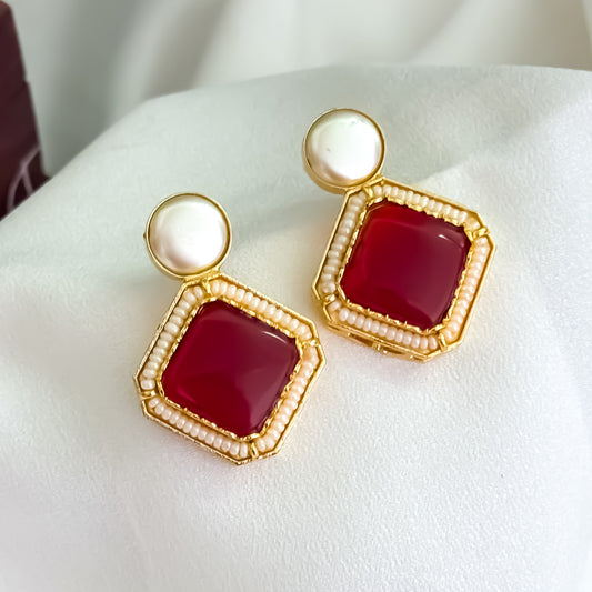 Viren Monalisa Stone Premium Brass Stud Earrings - Maroon