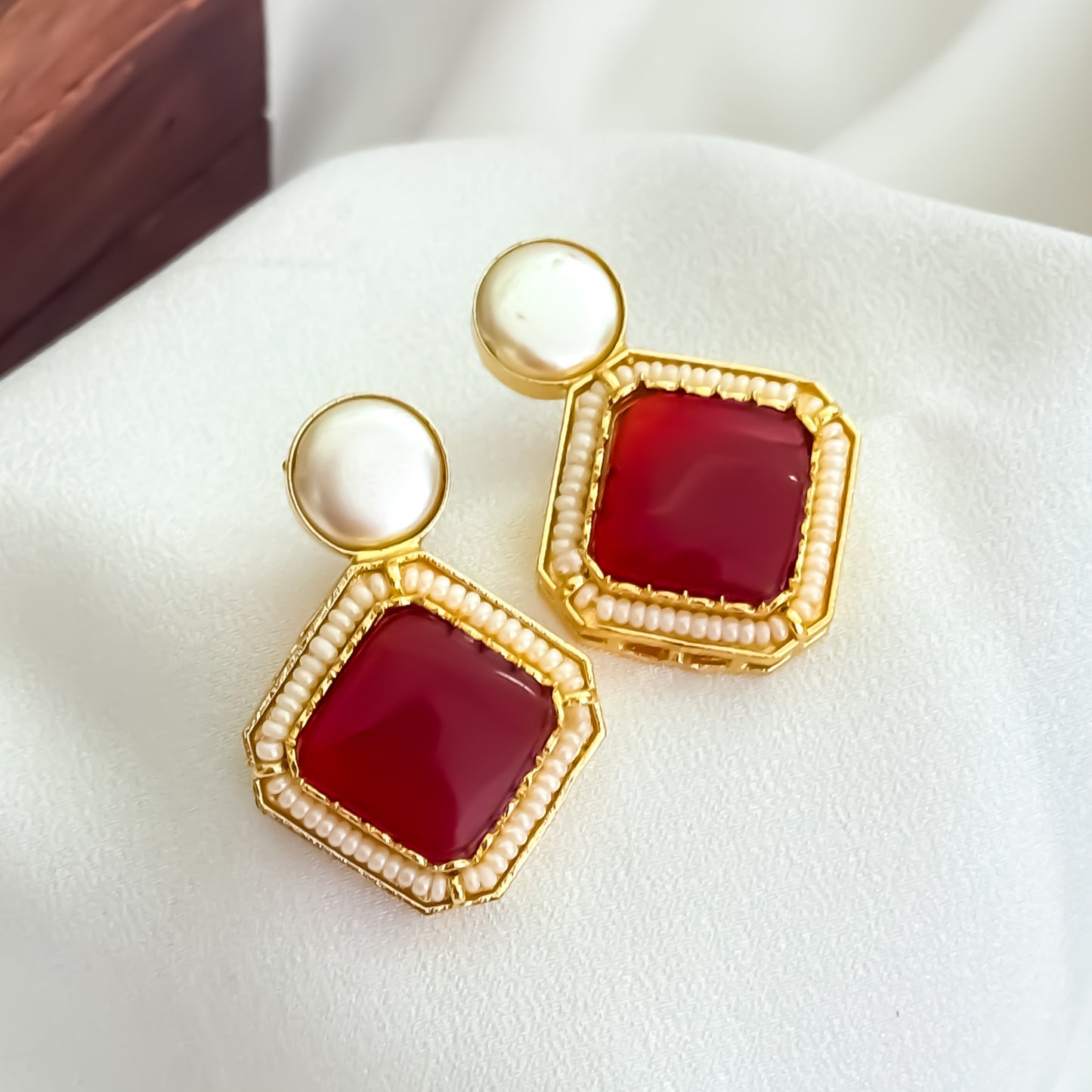 Viren Monalisa Stone Premium Brass Stud Earrings - Maroon