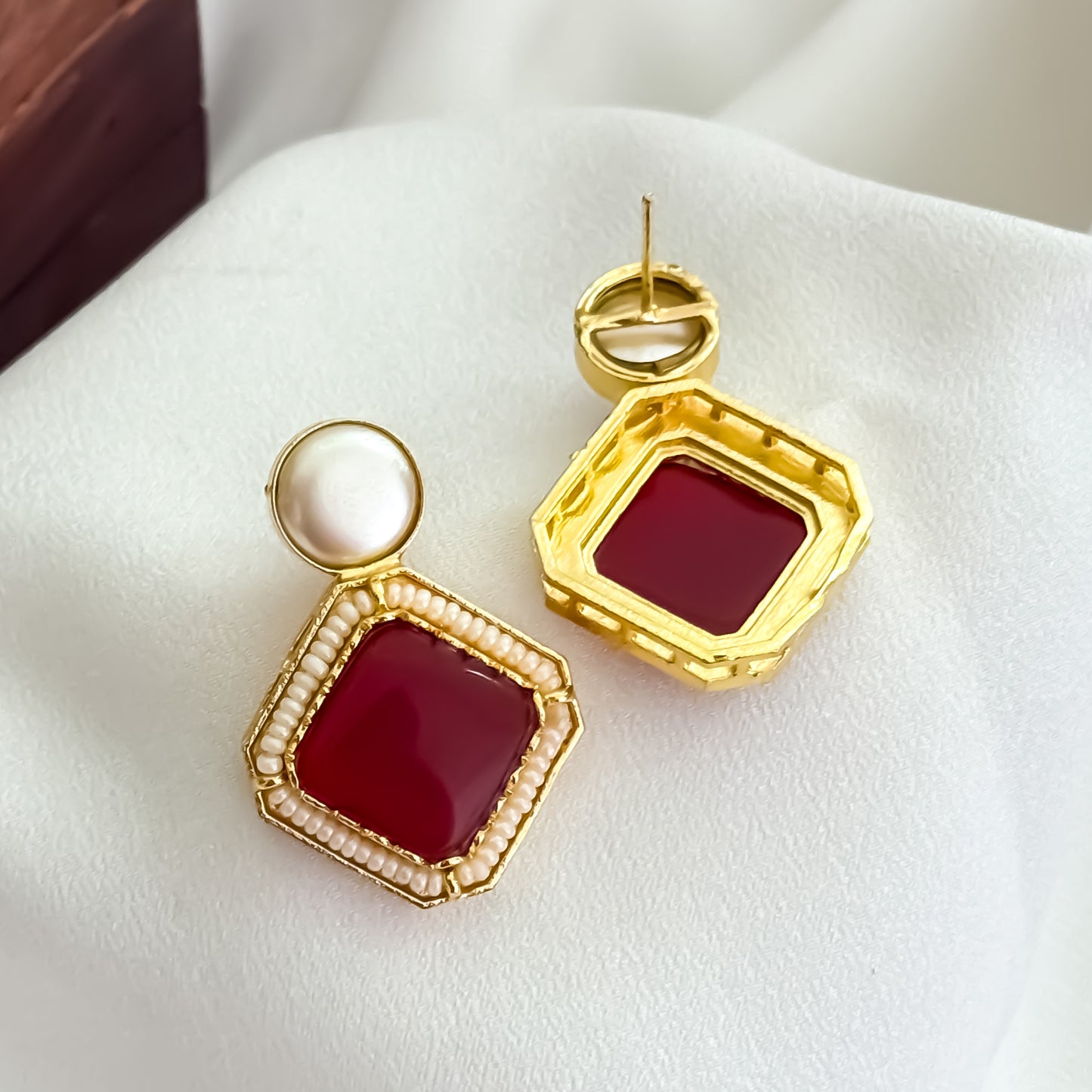Viren Monalisa Stone Premium Brass Stud Earrings - Maroon