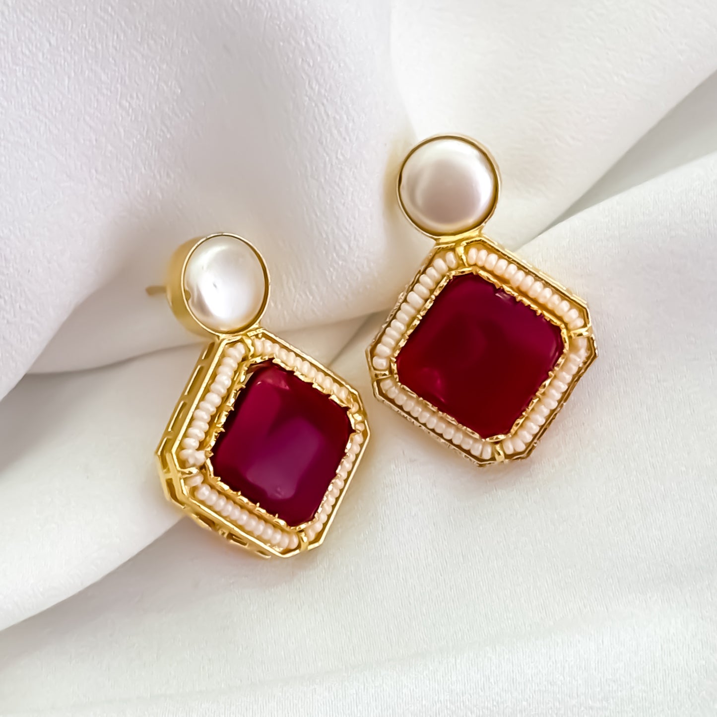 Viren Monalisa Stone Premium Brass Stud Earrings - Maroon