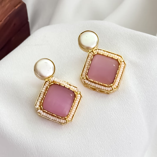 Viren Monalisa Stone Premium Brass Stud Earrings - Pastel Pink
