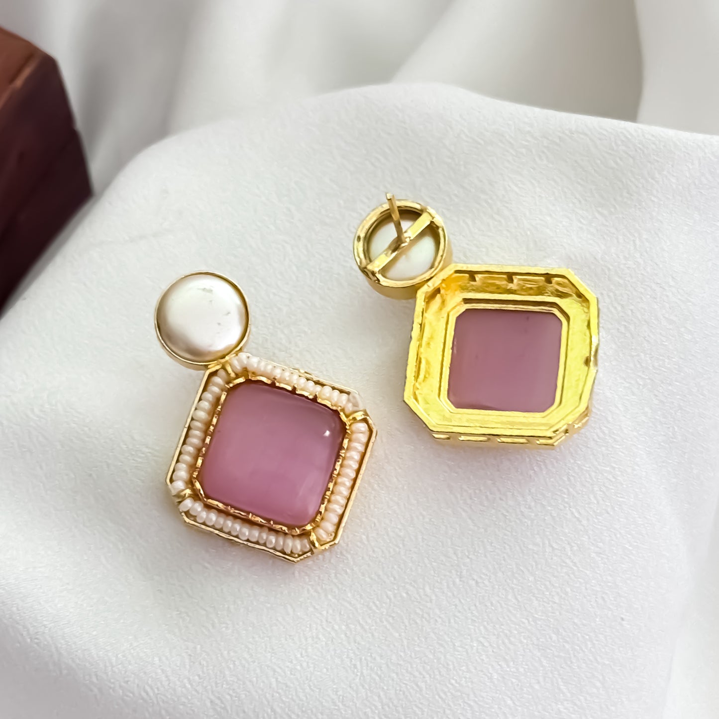 Viren Monalisa Stone Premium Brass Stud Earrings - Pastel Pink